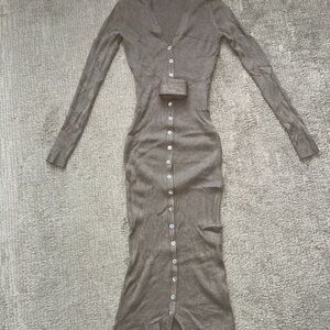 Dynamite Taupe Long Sleeve Button-Up Dress